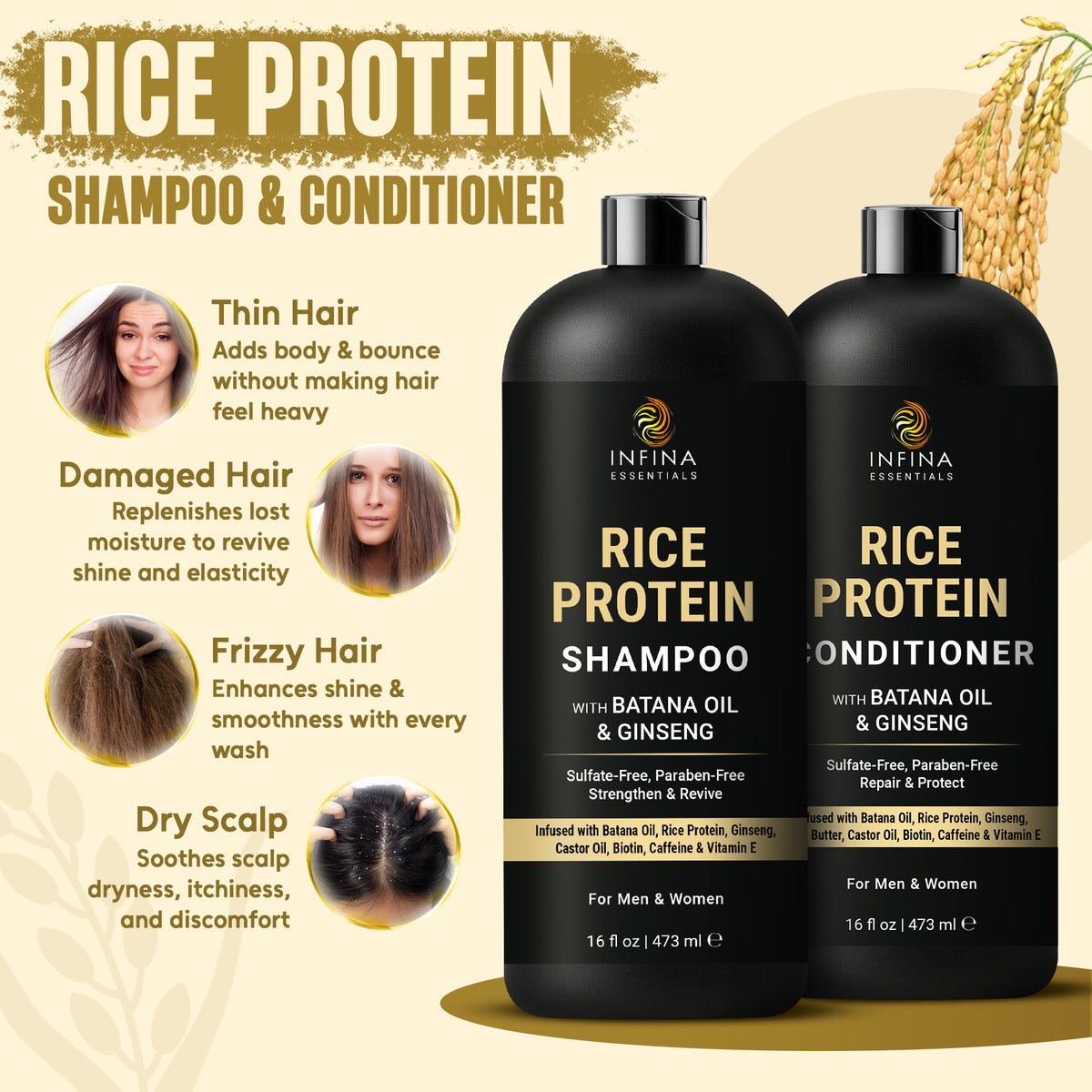 Rice Protein Shampoo and Conditioner with Batana Oil & Ginseng (16 floz)