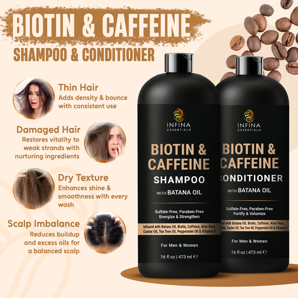 Biotin & Caffeine Shampoo & Conditioner Set with Batana Oil (16 floz)