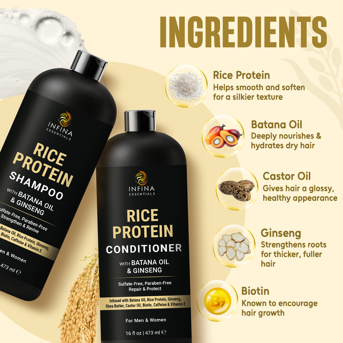 Rice Protein Shampoo and Conditioner with Batana Oil & Ginseng (16 floz)