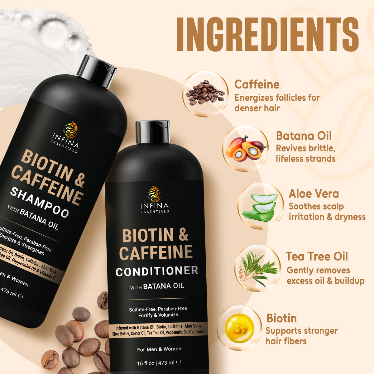 Biotin & Caffeine Shampoo & Conditioner Set with Batana Oil (16 floz)