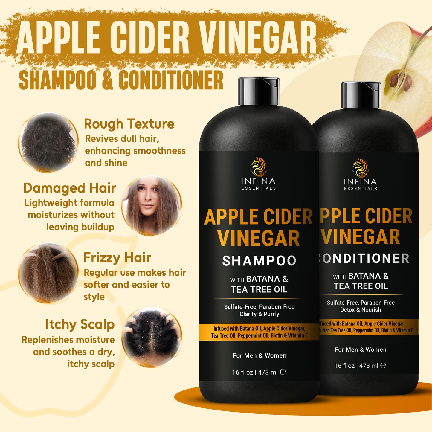 Apple Cider Vinegar Shampoo & Conditioner with Batana & Tea Tree Oil (16 floz)
