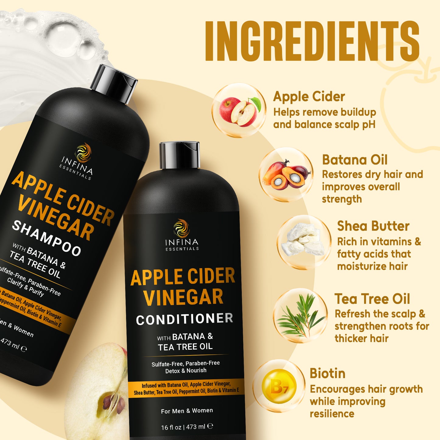 Apple Cider Vinegar Shampoo & Conditioner with Batana & Tea Tree Oil (16 floz)