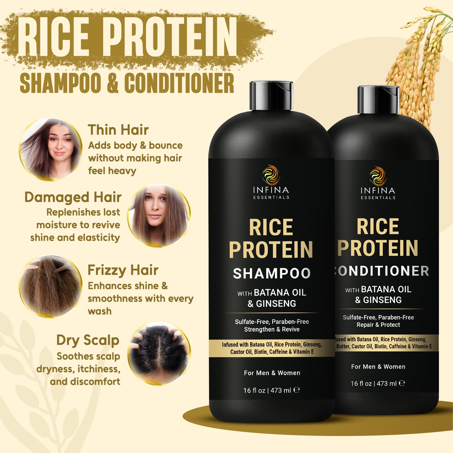 Rice Protein Shampoo and Conditioner  with Batana Oil & Ginseng (16 floz)