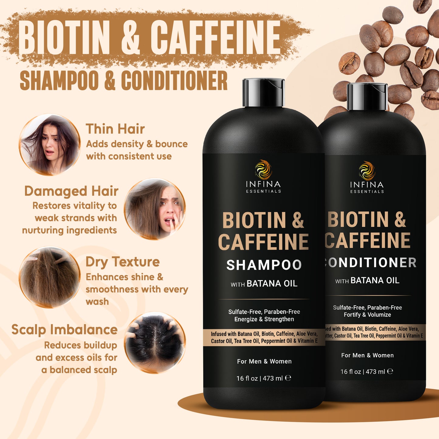 Biotin & Caffeine Shampoo & Conditioner Set with Batana Oil (16 floz)