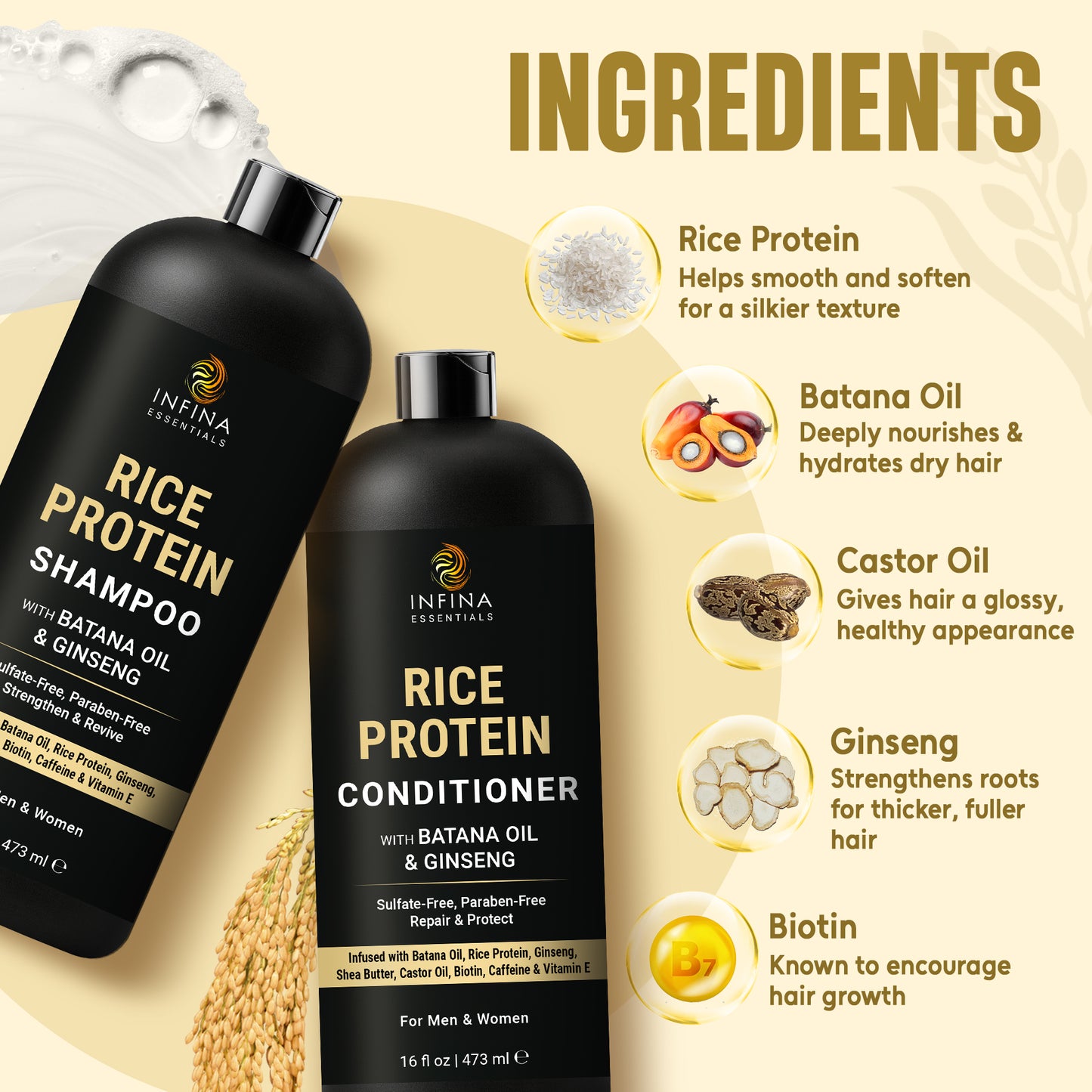 Rice Protein Shampoo and Conditioner  with Batana Oil & Ginseng (16 floz)