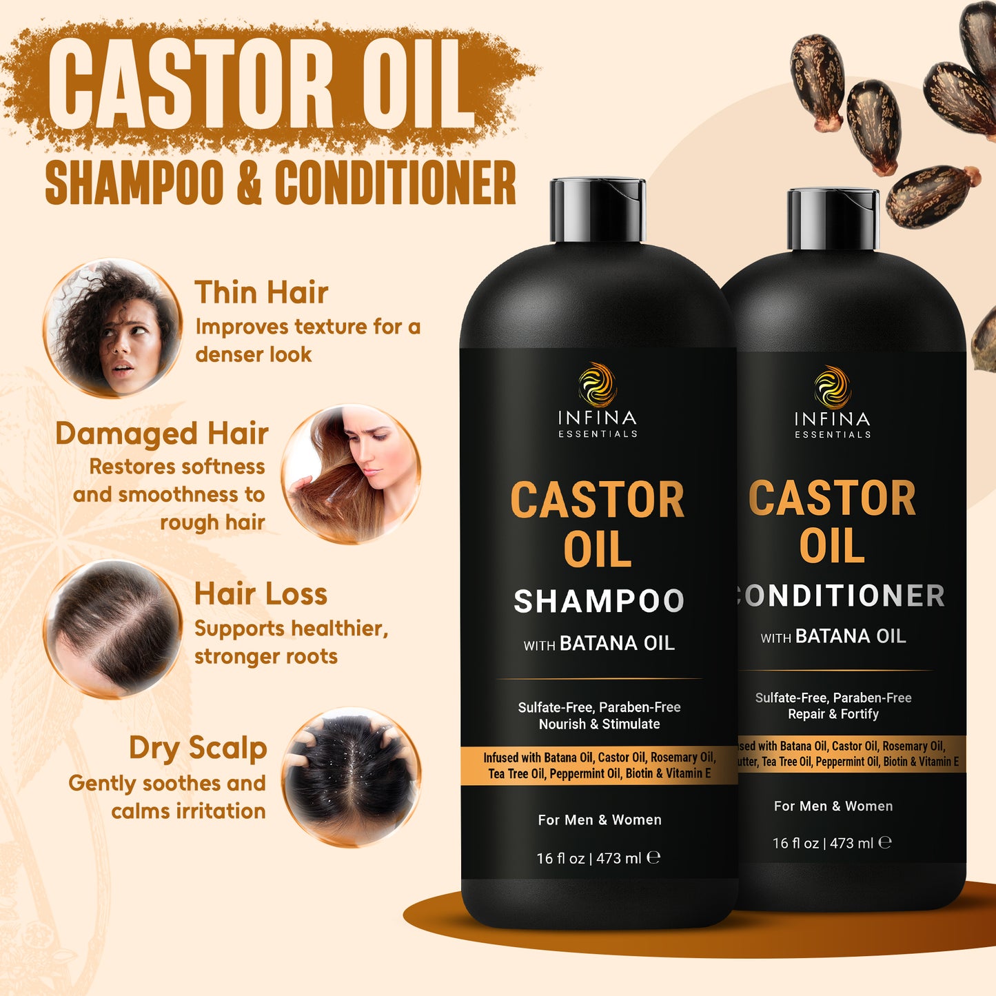 Castor Oil Shampoo and Conditioner Set with Batana Oil (16 floz)