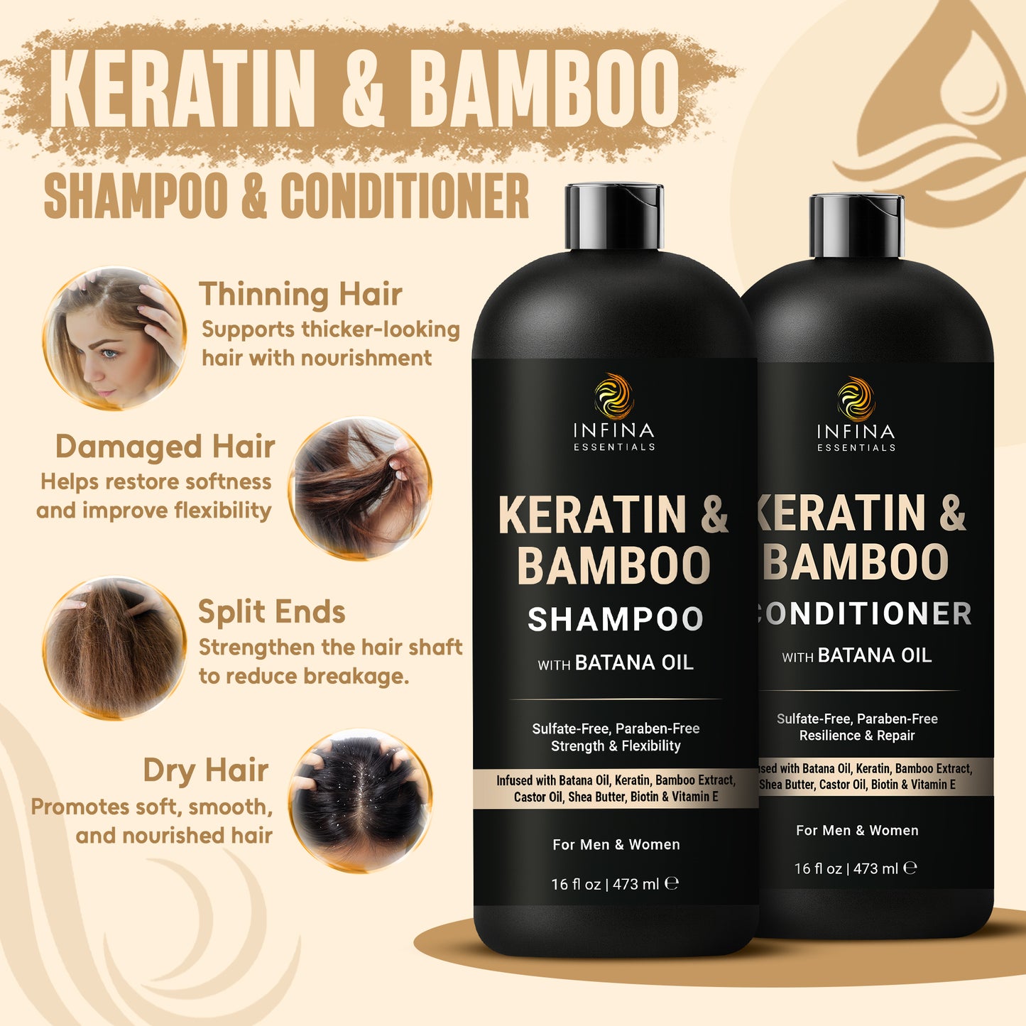 Keratin & Bamboo Shampoo and Conditioner with Batana Oil (16 floz)