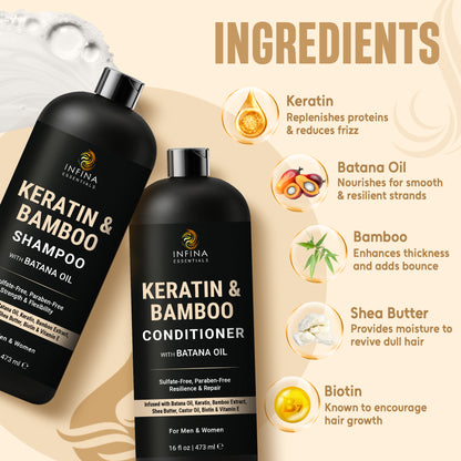 Keratin & Bamboo Shampoo and Conditioner with Batana Oil (16 floz)
