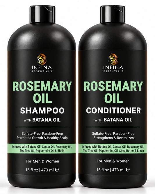 Two bottles of Infina Essentials Rosemary Oil Shampoo and Conditioner with Banana Oil on a white background.